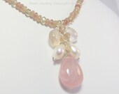 Pink Quartz White Pearls Sterling Silver Pendant Necklace