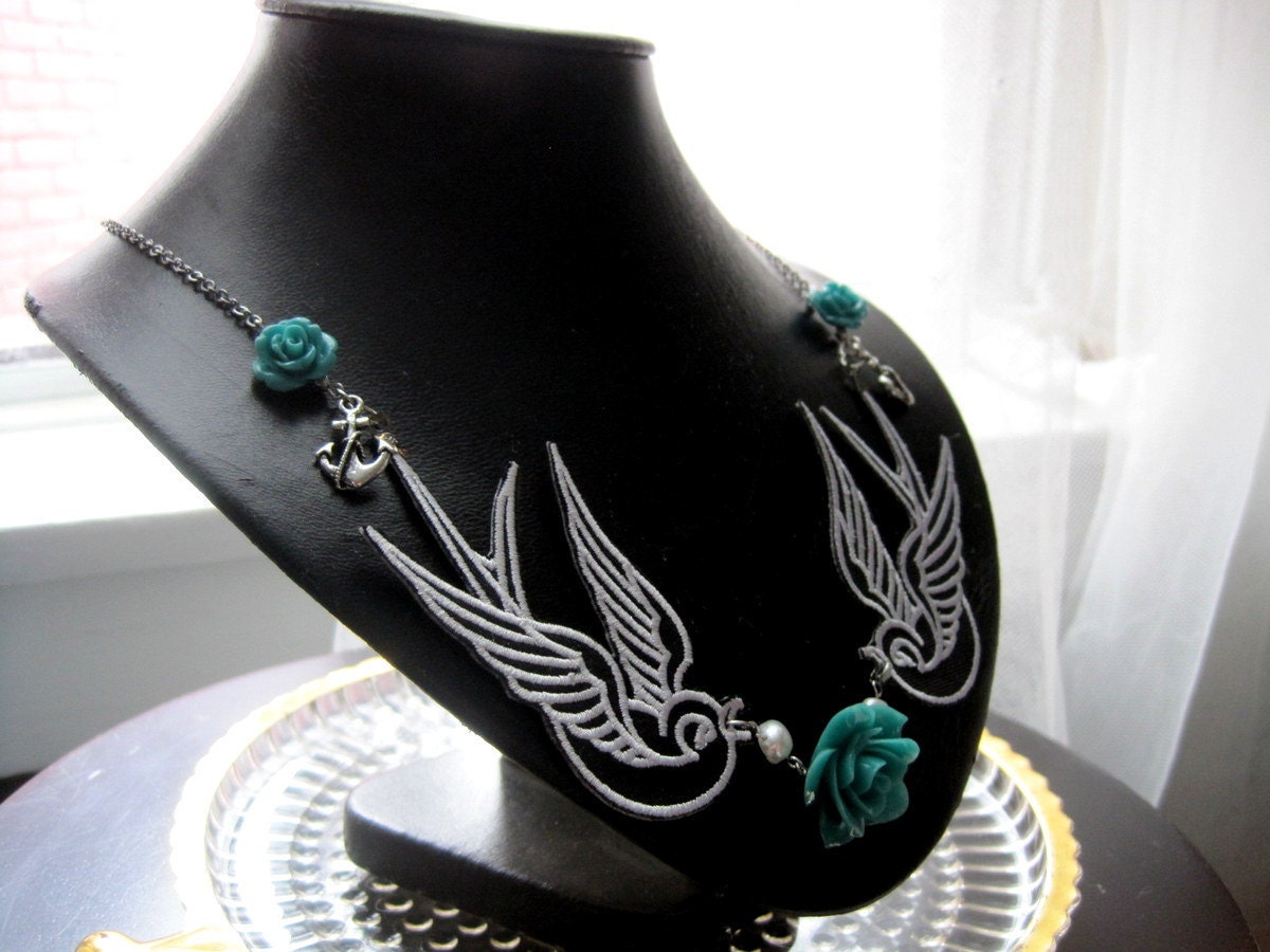Teal Roses and Tattoo Swallow Necklace