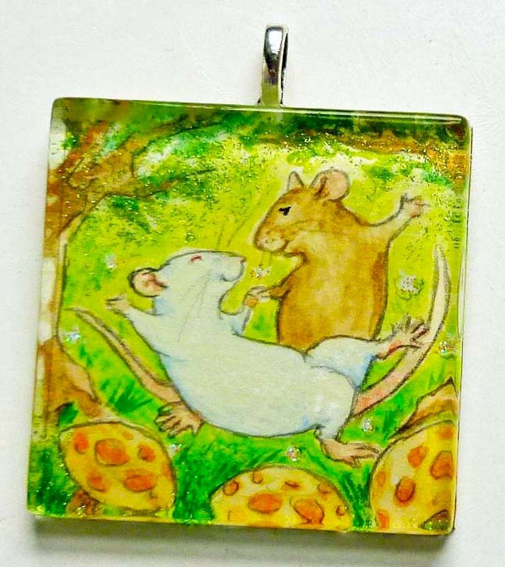 Rat Dance in the Magic Forest, OOAK Watercolor Pendant Wearable Art - Drusilla