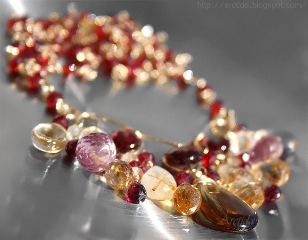 Gemstone jewelry gemstone necklace Citrine Cognac Quartz golden Rutile Quartz Garnet necklace burgundy red gold Garnet jewelry oht - Aurora