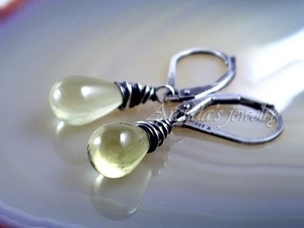 Rustic earrings Lemon Quartz earrings oxidized blackened sterling silver - Women autumn fall fashion yellow lime green jewel stones - Eliza