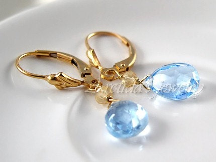 14K solid gold earrings sky blue Topaz and golden yellow Citrine - Women spring summer fashion pale blue luxury gemstone trends simple minimalism Bohemian Shabby chic - Calypso - Free Worldwide shipping - Made to Order