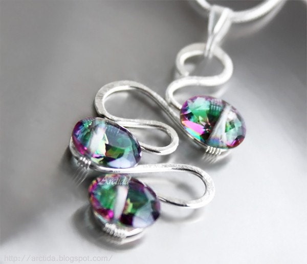 Peacock jewelry Mystic Quartz pendant necklace sterling silver - autumn wedding fall harvest women fashion teal green purple gemstone - Juno
