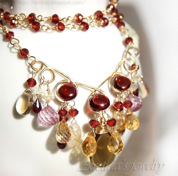 Gemstone jewelry gemstone necklace Citrine Cognac Quartz golden Rutile Quartz Garnet necklace burgundy red gold Garnet jewelry oht - Aurora