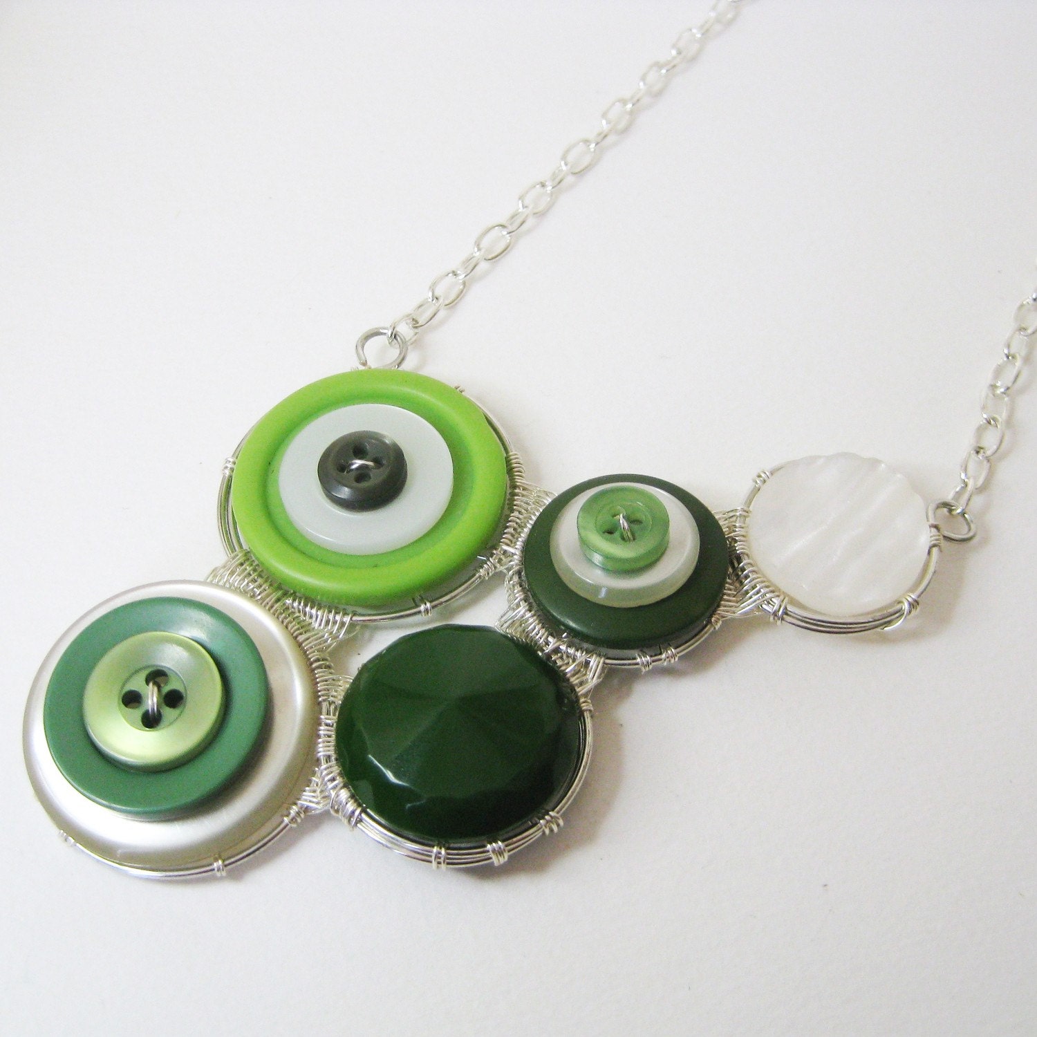 Reclaimed Vintage Button Statement Necklace - Wire Wrapped Big Bold Pendant - Emerald Green and White Neck Piece