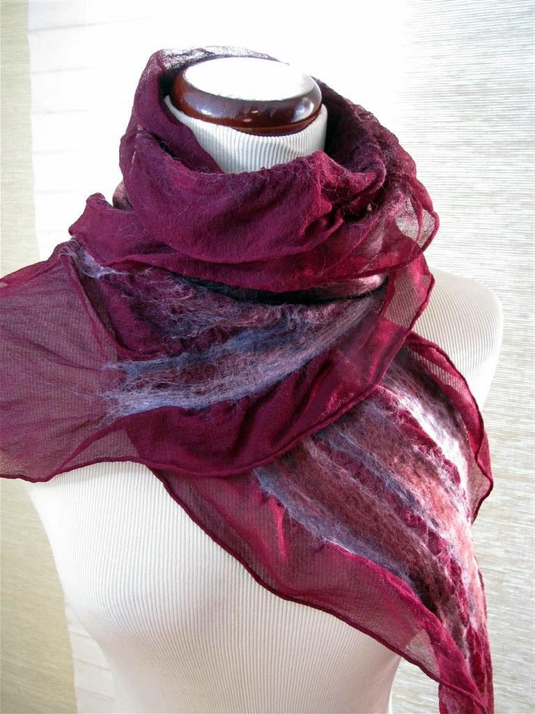 Scarf - Nuno Felt Ruffle - Handmade OOAK - Pink and Purple Merino Wool on Burgundy Silk 809