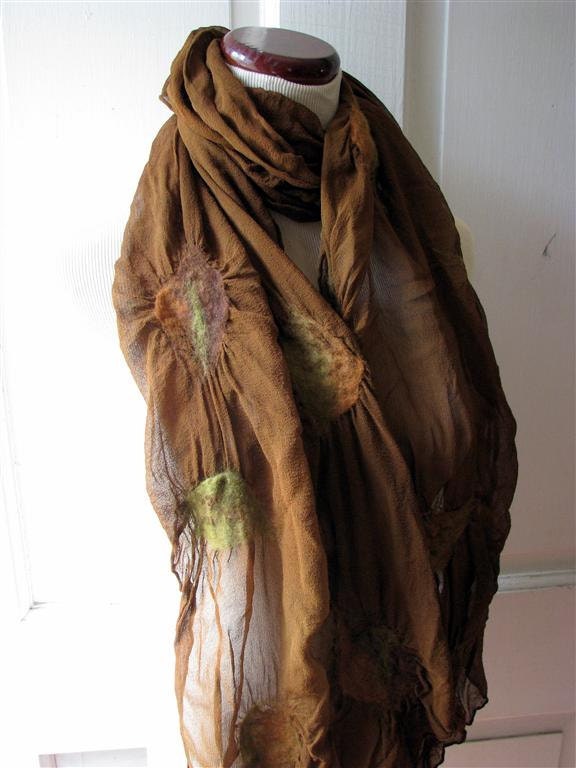Brown Scarf, Shawl, Wrap, Ruffled Scarf, Nuno Felted Silk Scarves, Handmade, Gifts for Her, Falling Leaves on Brown 863