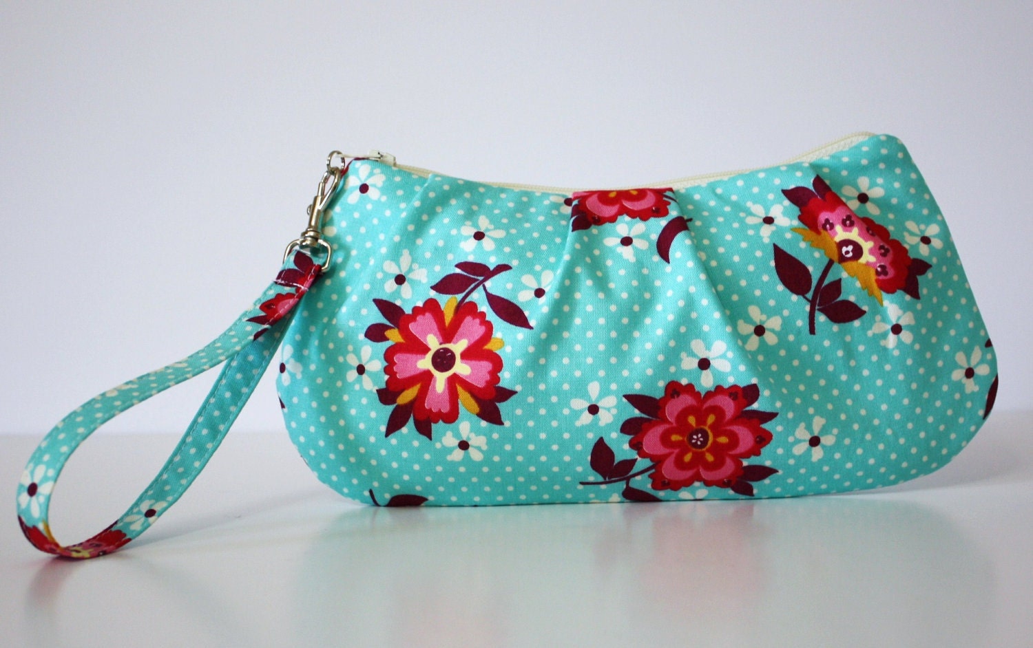 ZIP AND GO  Wristlet / Blue and White Dots with Flowers