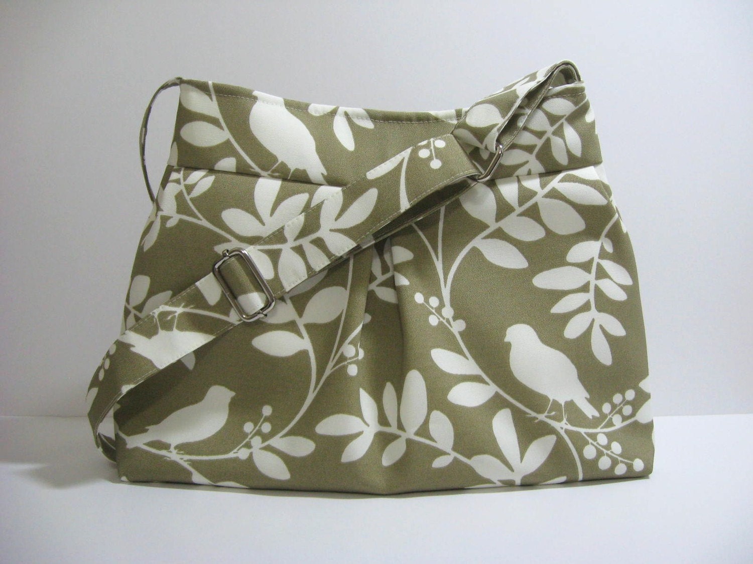 Large Pleated Hobo Handbag / Adjustable Strap / Birds on Branches