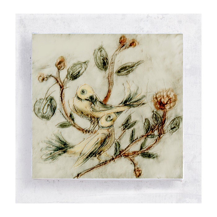 Lovebirds Art Block - 5x5 Canvas Print on Wood Frame - Birds of A Feather - Bird Fraktur Folk Art - Wall Art - Home Decor