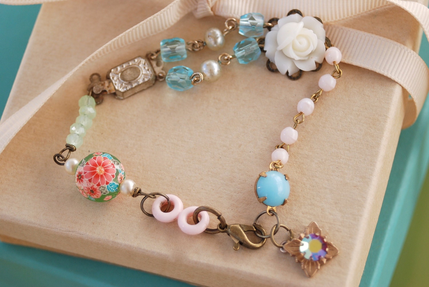 Delicate beauty...ooak aqua blue vintage glass rosary flower beaded charm bracelet
