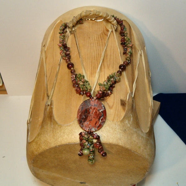 Unique Stone Agate and Jasper Necklace with Picture Quartz Pendent