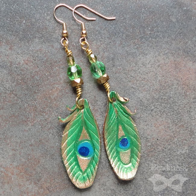 Emerald Green Peacock Eye Leather Feather Earrings