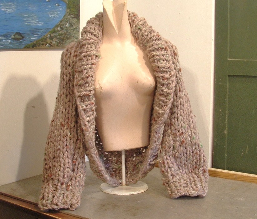 Chunky knit shrug small medium with long sleeves and shawl collar in tweedy mushroom beige