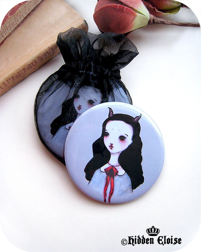 Girl with horns pocket Mirror, goth girl pocket mirror, dark, noir macabre mirror, goat horns mirror, whimsical pocket mirror