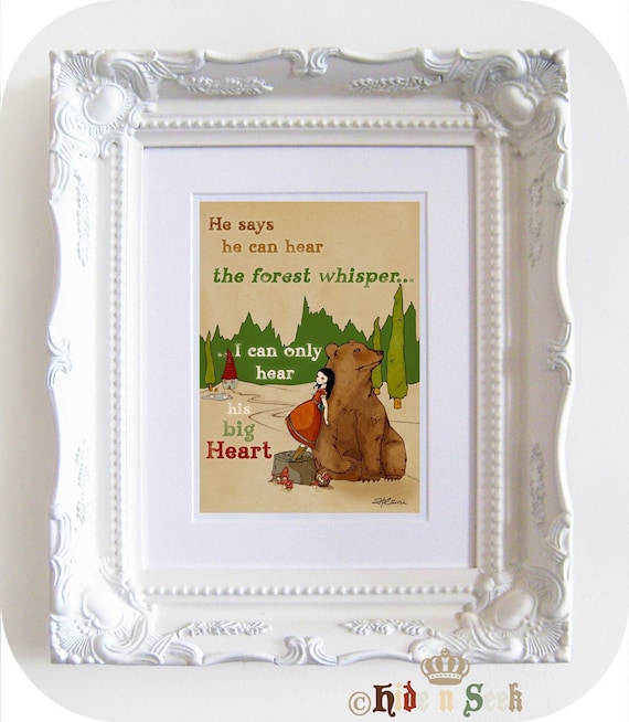 Bear Print Bear and Girl Illustration Whimsical fairytale storybook art print Wall art