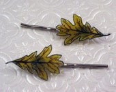 Golden oak leaf illustration barrette hair pin pair - MoiraCoon