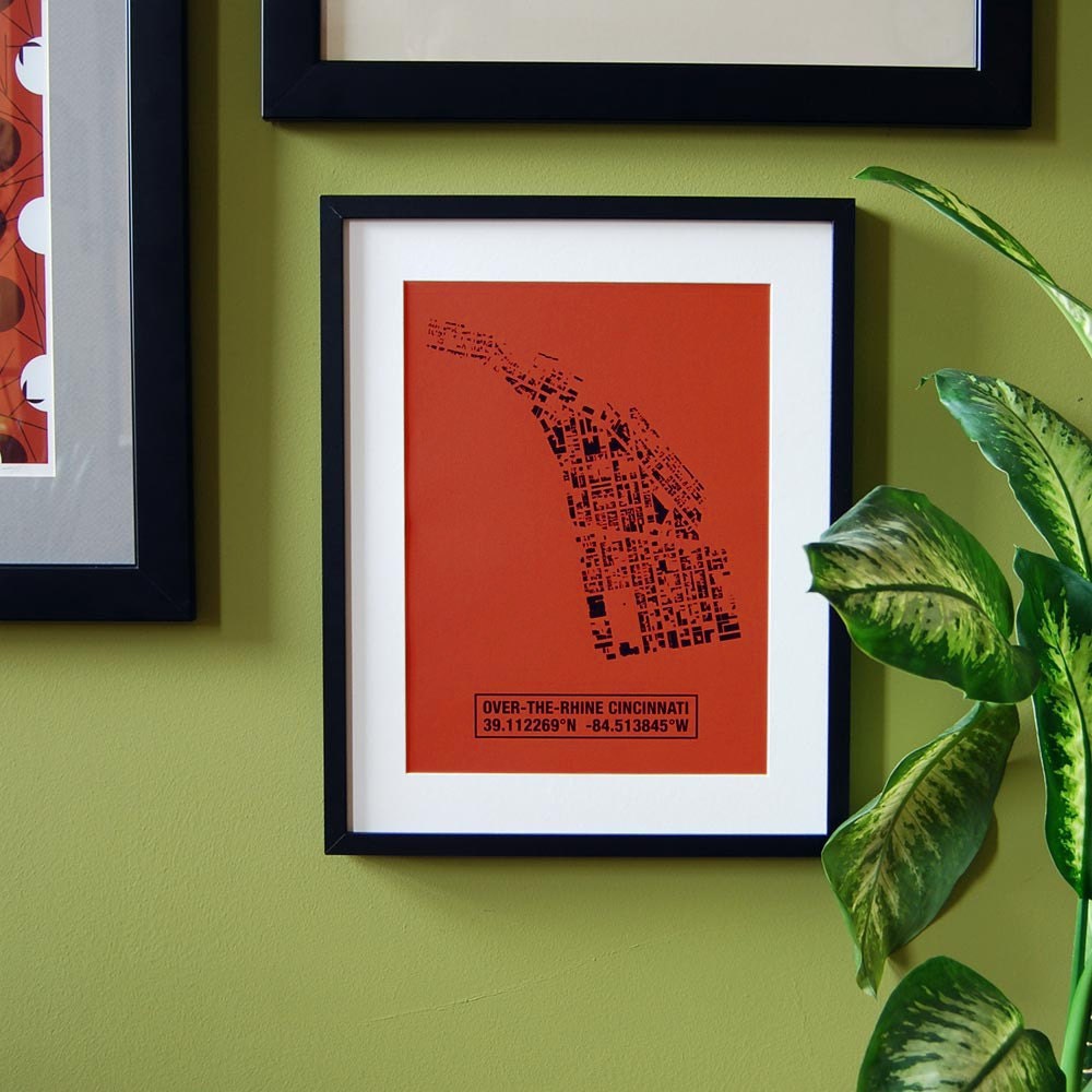 Over-the-Rhine Cincinnati City Neighborhood Map Building Footprint Print in Black on Red