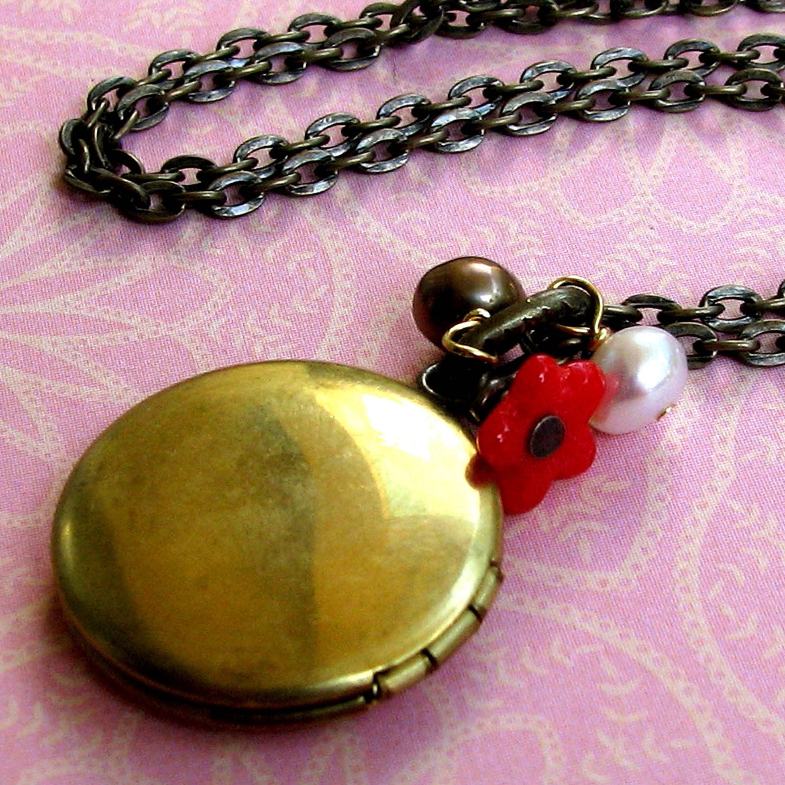 SALE - LULU Parisian Petite Locket With Red Flower And Pearls Boho Chic Charm Necklace
