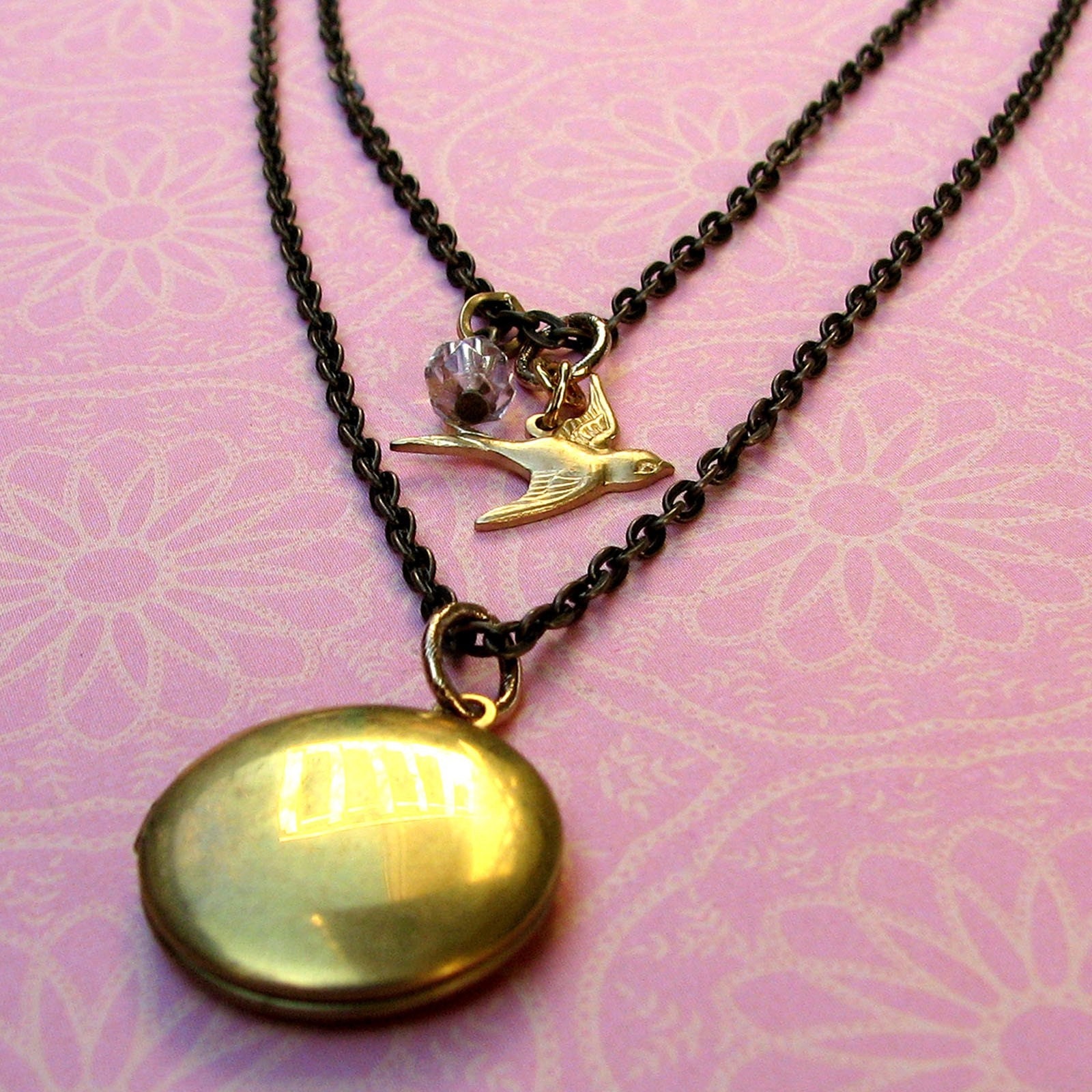 Lark Boho Chic Bird Locket and Antiqued Brass Chain - Two Necklace Set