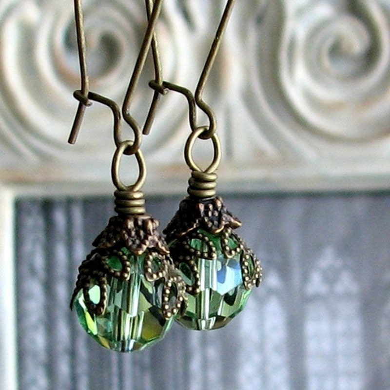 SALE - AURORA Dark Romance Green Glass Boho Antiqued Brass Earrings