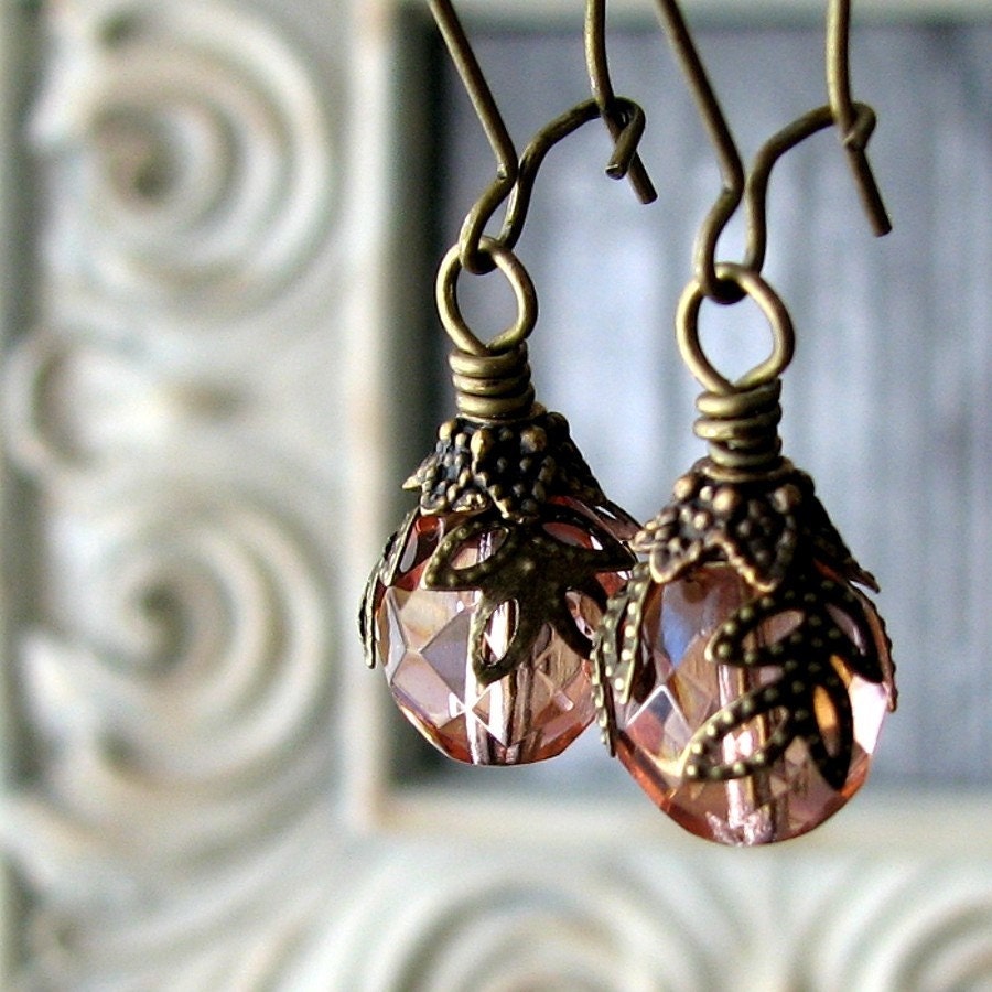 SALE - Jennil Parisian Nostalgia Pink Glass Boho Antiqued Brass Earrings