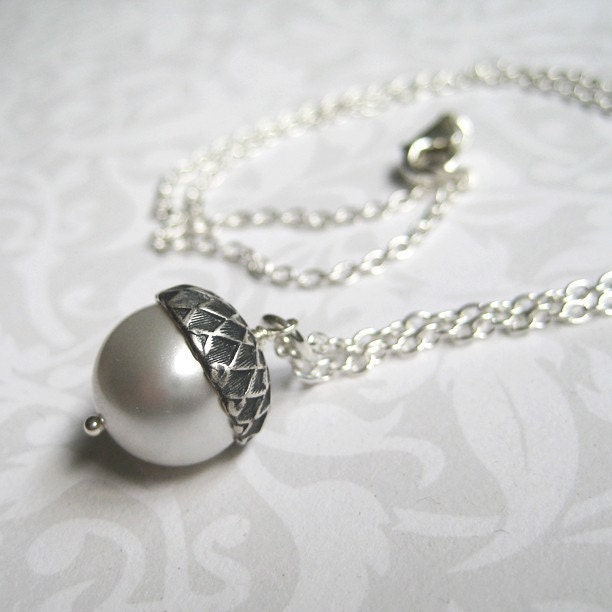 Acorn Necklace - Sterling Silver and White Pearl