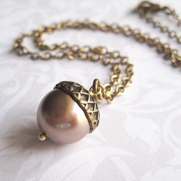 Acorn Necklace - Brass with Brown Pearl