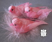 Pink Mushroom Birds - Glittered and feathered - set of 3 - Embellishment