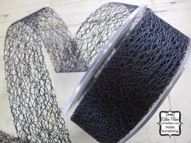 Noir Black Web Ribbon - 1.5 inches wide - Altered Couture Art - Costume Design - webbed By the Yard