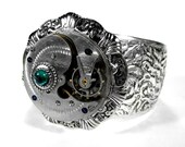 Steampunk Cuff - Vintage Adjustable Cuff Bracelet Etched Pocket Watch EMERALD Green Glass Stone FABULOUS - Steampunk Jewelry by edmdesigns