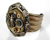 Steampunk Cuff Brass Pocket Watch - Vintage Gears Victorian BUTTON Beetle Adjustable Cuff Bracelet AWESOME Steampunk Jewelry by edmdesigns