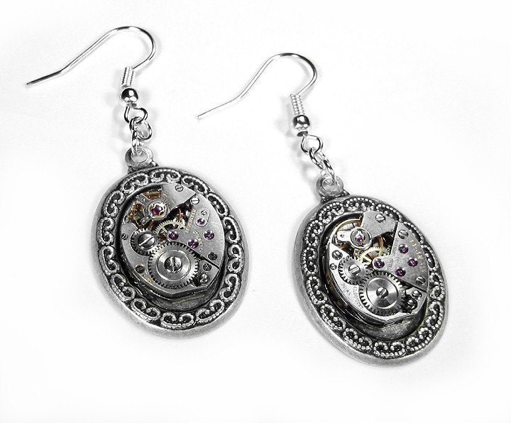 Steampunk Jewelry Earrings Vintage RUBY Jeweled Watch Movement Earrings Ornate Dangles Wedding Aniversary - Steampunk Jewelry by edmdesigns