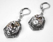 Steampunk Jewelry Earrings Silver Delicate Ruby Jeweled Watch Earrings FLORAL GORGEOUS Wedding Anniversary - Steampunk Jewelry by edmdesigns
