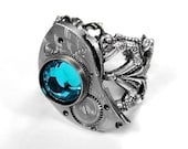Steampunk Jewelry Ring Womens Silver ETCHED Watch Part Turquoise Crystal Featured on Cover of AUXILIARY Magazine - Steampunk by edmdesigns