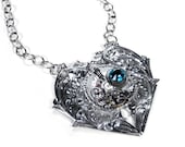 Steampunk Necklace Silver Pocket Watch on HEART Pendant Swarovski Turquoise Crystal TRULY STUNNING - Steampunk Jewelry by edmdesigns