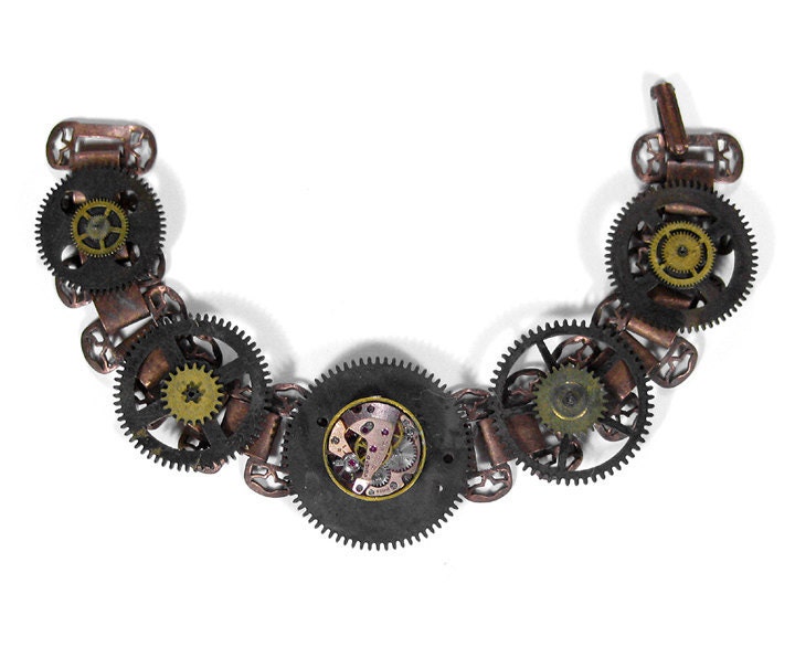 Steampunk Bracelet Book Chain Rose Gold Watch Focal Brass GRUNGED GEARS Men's Women's Industrial Statement - Steampunk Jewelry by edmdesigns