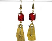 Steampunk Jewelry Earrings Watch Parts Antique Brass ORNATE Flourish Rich RED Czech Glass BEAUTIFUL - Steampunk Jewelry by edmdesigns