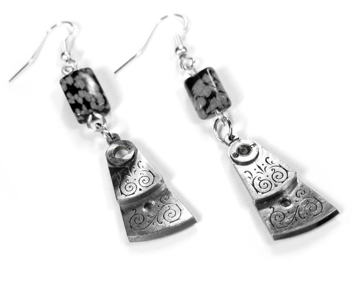 Steampunk Jewelry Earrings Watch Parts Antique Silver Black Grey Marbled Beads Weddins Anniversary Mothers - Steampunk Jewelry by edmdesigns