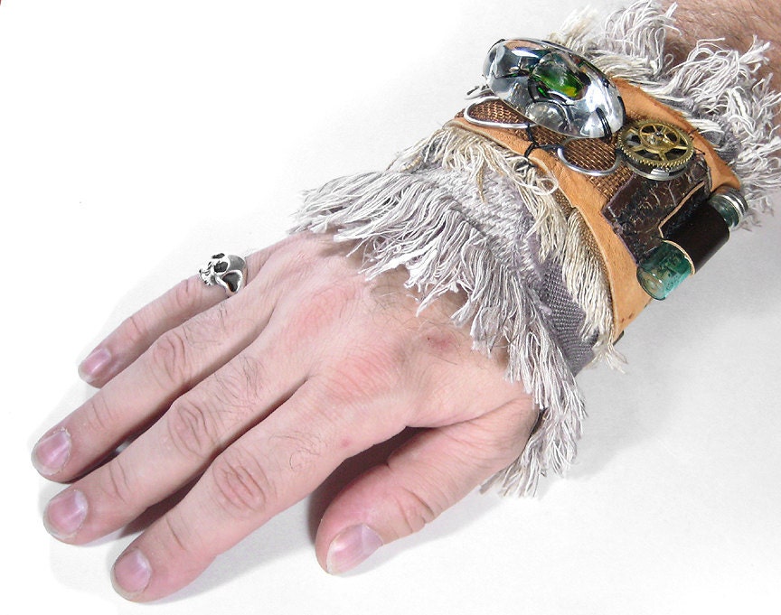 Steampunk Cuff by edmdesigns - WILD MENS Textile Wrist Cuff Tan LEATHeR BEETLE Gears, Vial, Elgin Watch, Brass Tag, Coils, Mesh Focals