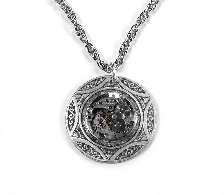 Steampunk Jewelry Necklace Vintage Round Jeweled Watch Silver Celtic Wedding Anniversary Birthday GORGEOUS - Steampunk Jewelry by edmdesigns