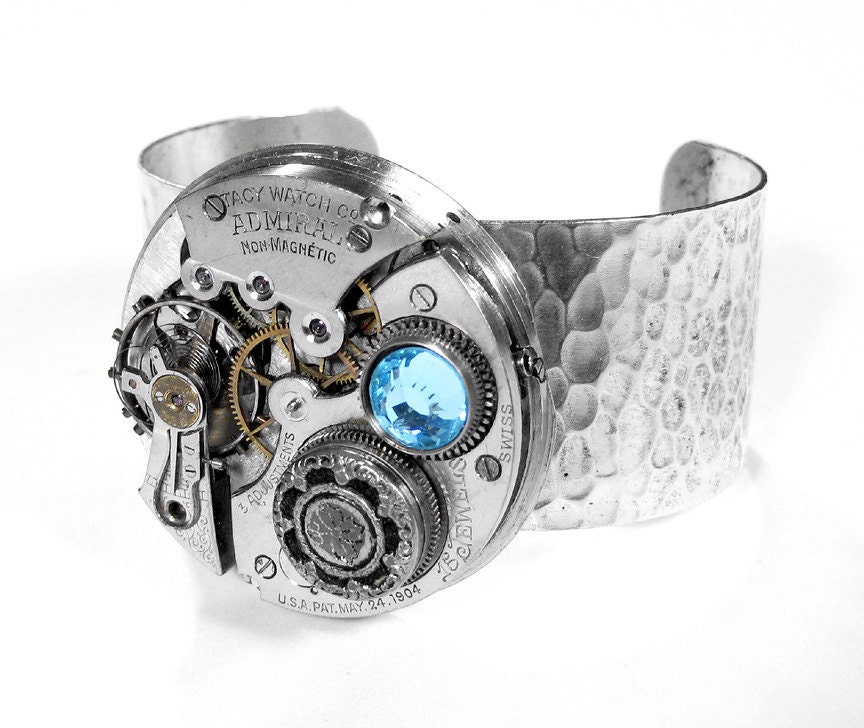 Steampunk Jewelry Cuff Antique 1900's Pocket Watch Victorian Button Aqua Crystal HAMMERED Pattern STUNNING - Steampunk Jewelry by edmdesigns