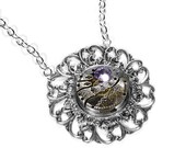 Steampunk Jewelry Necklace Vintage Etched Pocket Watch Silver Lilac Crystal Anniversary Wedding Mother's Day - Steampunk by edmdesigns