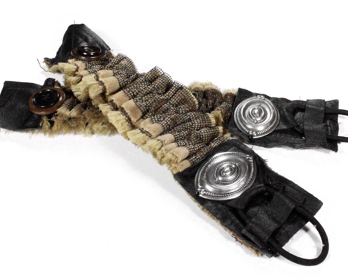 Steampunk Shirt Garters - Sleeve Garter Black Leather Mesh Grid Silver Art Nouveau Arm Band Cuff - STEAMPUNK TEXTILES by edmdesigns