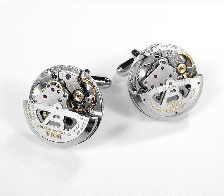 Steampunk Mens Watch Cufflinks RARE Bulova SWIVEL Ruby Jeweled Cufflinks Fathers Day Wedding Anniversary - Steampunk Jewelry by edmdesigns