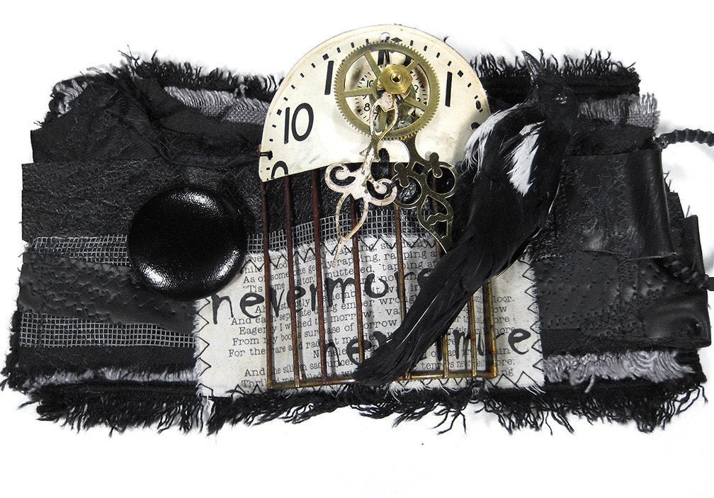 Steampunk Cuff Hardcore GOTHIC Wrist Cuff Black Leather 3D Raven Cage Clock Text Transfer AWESOME - Steampunk Clothing by edmdesigns