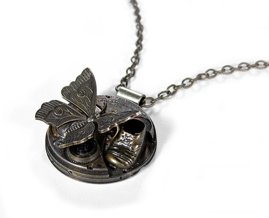 Steampunk Statement Necklace Antique GRUNGY Pocket Watch Butterfly Childs Boot Collage STUNNING - Steampunk Jewelry by edmdesigns