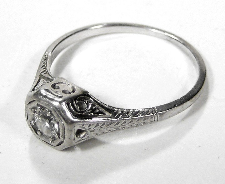 Antique 18K White Gold Art Deco DIAMOND ENGAGEMENT or Wedding Ring - Filigree Band 0.30 Ctw - Dated 1918 - GORGEOUS - Offered by edmdesigns