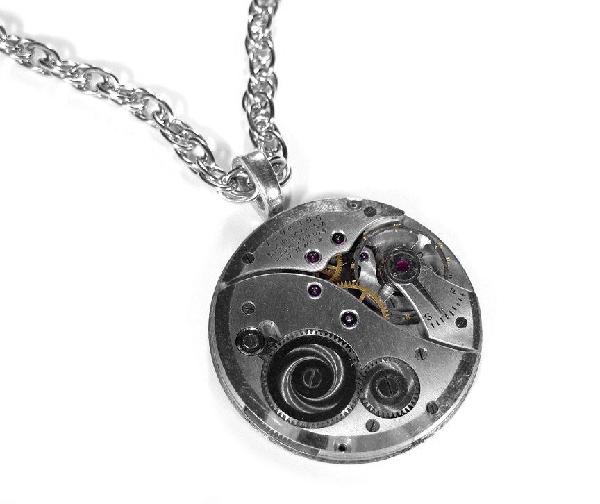 Steampunk Jewelry Necklace Vintage Pocket Watch Elgin Silver Weddings Anniversary Mother's Day STUNNING - Steampunk Jewelry by edmdesigns