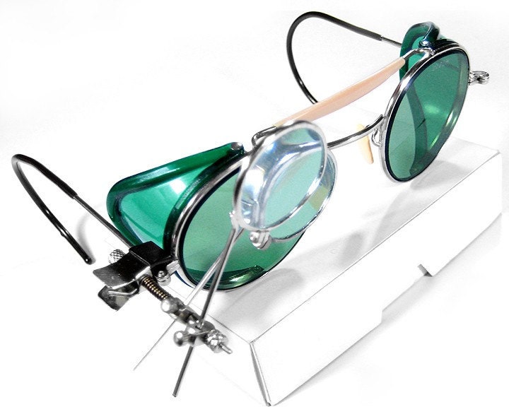 Vintage WILLSON Steampunk Goggles Glasses with TINTED LENSES and TINTED SIDE SHIELDS in ORIGINAL METAL CASE plus 2 Magnifier Loupes - MINT CONDITION - AWESOME LOOK - edmdesigns Special Offer